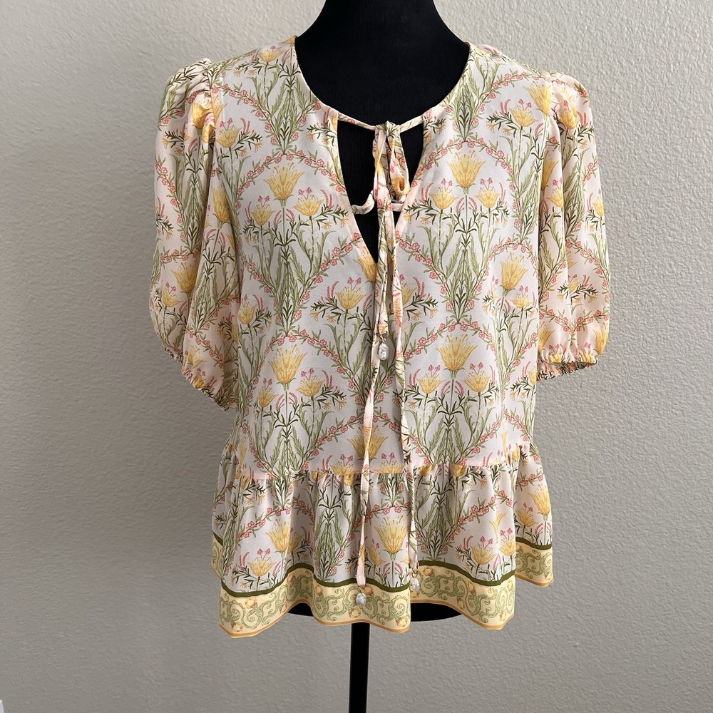 CeCe Medium Floral Peplum Blouse Puff Sleeve Tie Neck Cottagecore Boho Romantic - Picture 3 of 6